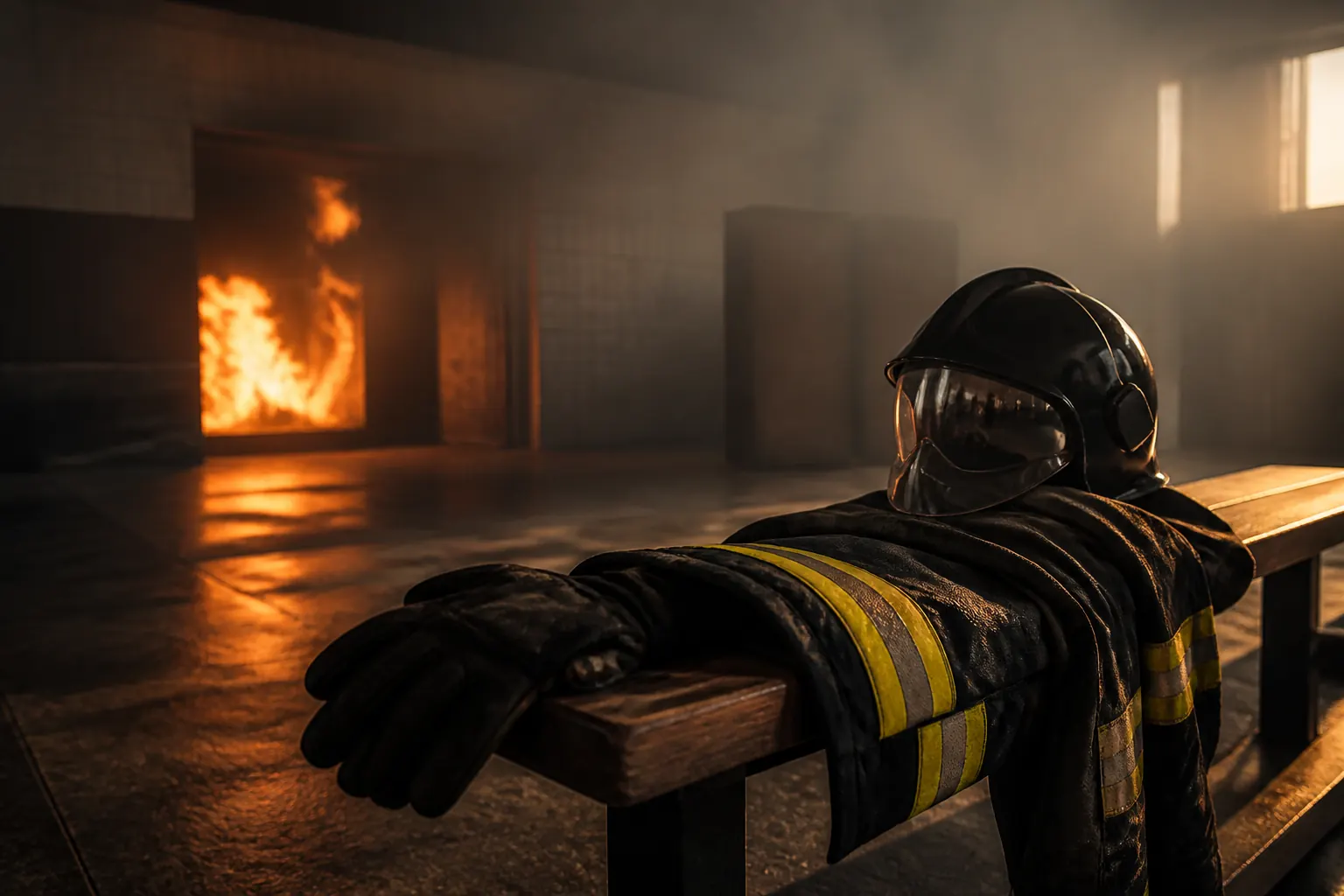 Casque, gants et veste de protection thermique posés dans une zone d’entraînement.