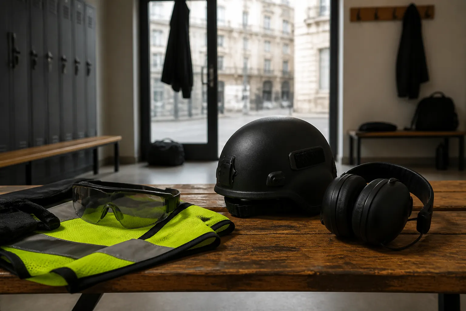 Casque anti-impact, lunettes, protections auditives et gilet haute visibilité rangés dans un vestiaire.