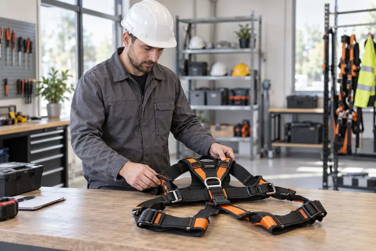 Technicien examinant un harnais sur un établi en atelier, image générée par IA